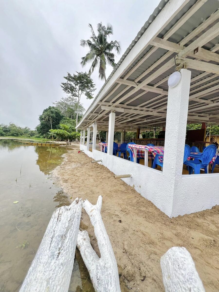 Salle de restaurant couverte, chaises bleues et tables au bord du lac.